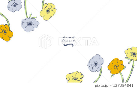 手描きのアネモネイラスト。草木と花の線画ベクターイラスト。今風のおしゃれな線画草木素材。 127384841