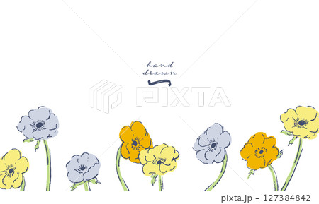 手描きのアネモネイラスト。草木と花の線画ベクターイラスト。今風のおしゃれな線画草木素材。 127384842