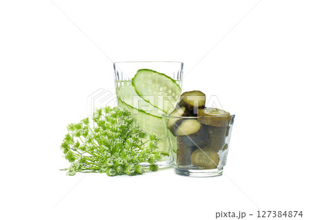 PNG, Brine cocktail and pickles in glasses, isolated on white background 127384874