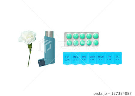 Health items: inhaler, pills, flower, isolated on white background 127384887