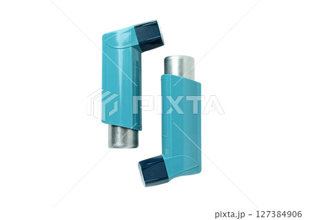 2 blue inhalers for asthma care, isolated on white background 2 blue inhalers for asthma care, isolated on white background 127384906