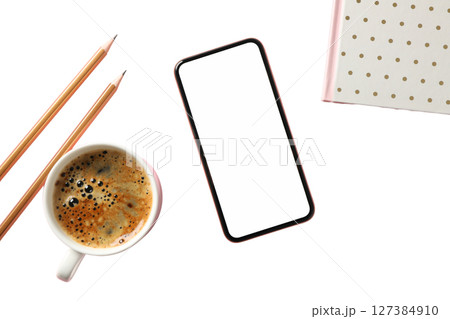 Coffee, phone, and pencils for focus, isolated on white 127384910