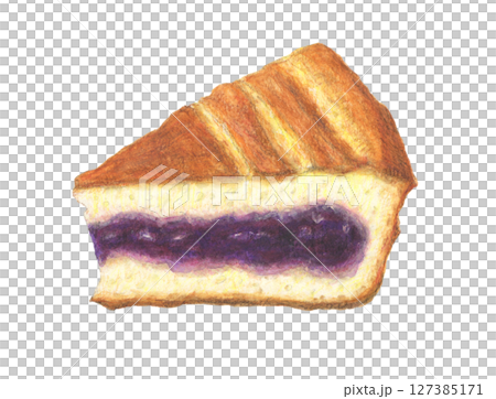 Gateau Basque with cherry jam - watercolor pencil illustration 127385171