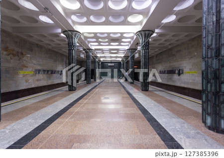 special architecture of soviet in the  station of Gapur gulom. Tashkent metro built in the former USSR, ope 127385396