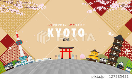五重の塔や神社で飾られた京都の広告背景テンプレート（金） 127385431