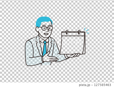メガネをかけた男性がカレンダーを使って案内をするイメージイラスト メガネをかけた男性がカレンダーを使って案内をするイメージイラスト 127385463