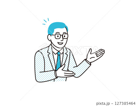 メガネをかけた男性が手を使って案内をするイメージイラスト メガネをかけた男性が手を使って案内をするイメージイラスト 127385464