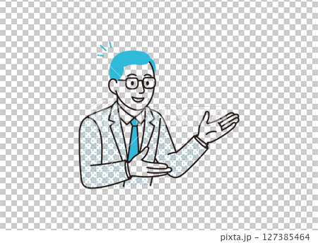 メガネをかけた男性が手を使って案内をするイメージイラスト メガネをかけた男性が手を使って案内をするイメージイラスト 127385464