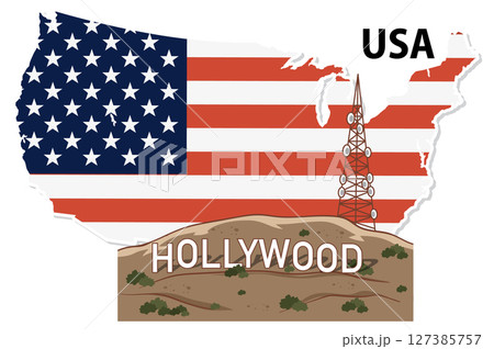 USA Map with Hollywood and Radio Tower Illustration 127385757