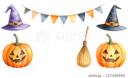ハロウィンのイラストセット（水彩テクスチャのイラスト素材） 127386444