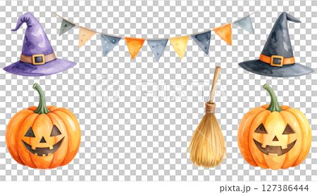 ハロウィンのイラストセット（水彩テクスチャのイラスト素材） 127386444