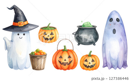 ハロウィンのイラストセット（水彩テクスチャのイラスト素材） 127386446