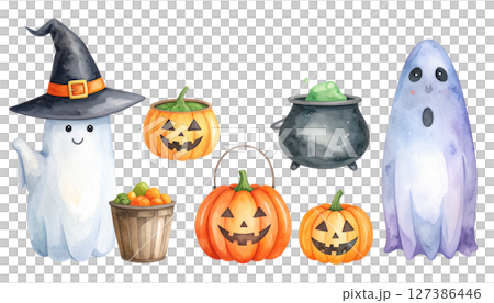 ハロウィンのイラストセット（水彩テクスチャのイラスト素材） 127386446