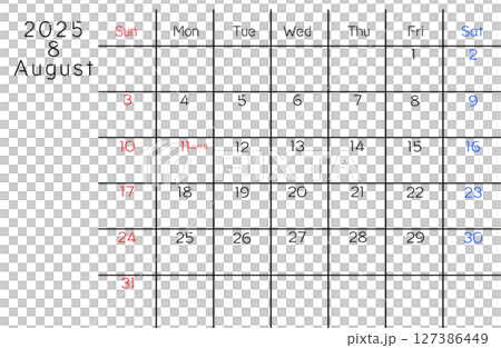 8月シンプルカレンダー 127386449