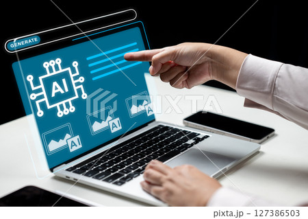Businesswoman showing an icon of an AI symbol on the laptop screen. The tablet and cellphone are on the desk. Technology innovation on the virtual screen. Concept of AI or Artificial Intelligence Businesswoman showing an icon of an AI symbol on the laptop screen. The tablet and cellphone are on the desk. Technology innovation on the virtual screen. Concept of AI or Artificial Intelligence 127386503
