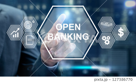 Businessman touching the scheme icon of open banking. Technology innovation on the virtual screen. Concept of financial technology 127386770
