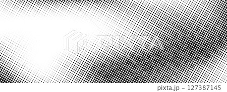 Grunge halftone gradient texture. Black weathered grit noise background. Fading gritty sand wallpaper. Retro pixelated backdrop. Anime or manga style comic overlay. Vector textured template surface 127387145