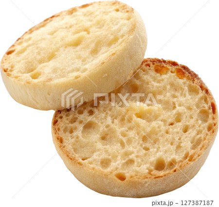 Interior texture of a sliced English muffin 127387187