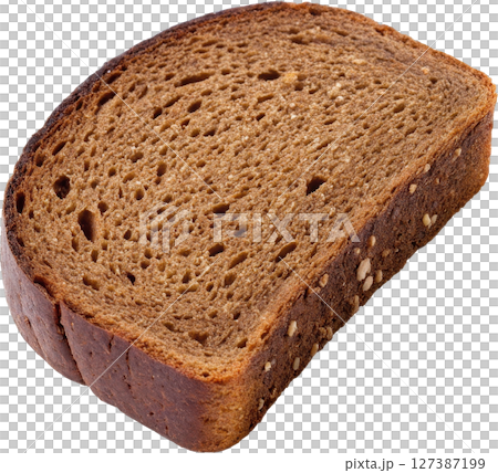 Slice of rustic rye bread with a dark brown crust 127387199