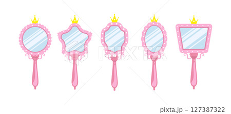 Princess mirror. Elegant handheld mirror with gold crown. Beauty tale. Teen and child girl self care accessory. Vector illustration in flat cartoon style 127387322