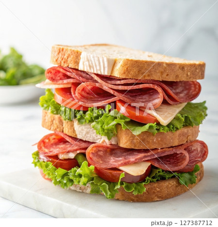 Layered salami sandwich with fresh lettuce and tomato 127387712