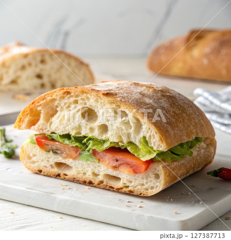 Rustic ciabatta bread sandwich with fresh ingredients 127387713