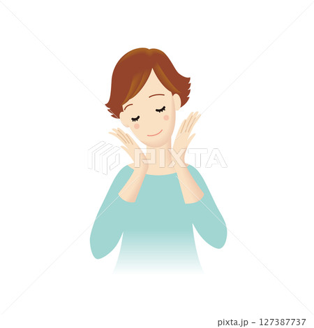 両手を頬にあてる笑顔の女性 127387737