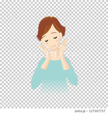 両手を頬にあてる笑顔の女性 127387737