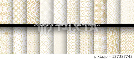 Geometric set of seamless golden and white patterns. Simple vector graphics 127387742