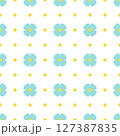 Seamless pattern with blue flowers, yellow centers, and yellow dots on white background. Minimalist pastel floral design in flat cartoon style. Vector 127387835