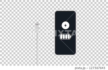moment of connection, charge a phone, illustration depicting a smartphone in the process of charging, with a clear focus on the battery indicator and lightning bolt icon on its dark screen 127387843