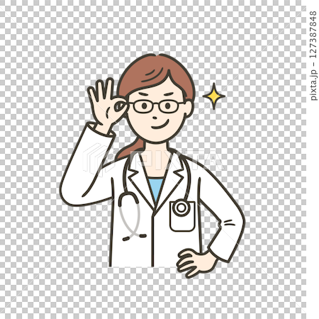 眼鏡を上げてニヤリと笑い自信を見せる若い女性医師 眼鏡を上げてニヤリと笑い自信を見せる若い女性医師 127387848