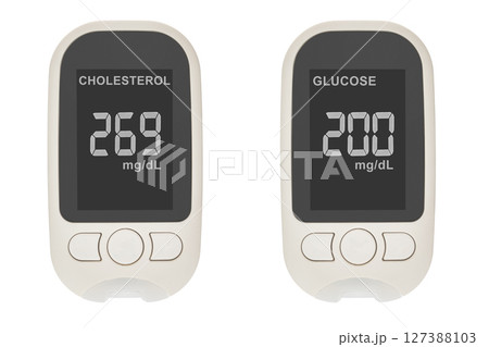 Medical device showing cholesterol and glucose levels on the screen isolated over a white background. Healthy lifestyle Medical device showing cholesterol and glucose levels on the screen isolated over a white background. Healthy lifestyle 127388103