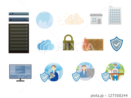 企業のITインフラとネットワークセキュリティを表現したイラストアイコンセット 127388244