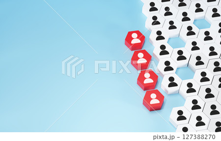 Customer relationship management and targeted marketing strategies. Red block with human icon separated from white block for customer focus group, Customer relationship management concept, CRM. 3D 127388270