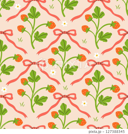Seamless pattern with strawberry bushes and bows. Vector graphics Seamless pattern with strawberry bushes and bows. Vector graphics 127388345