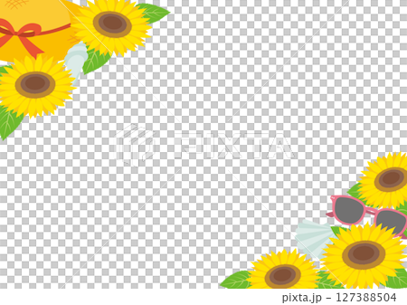 帶有夏季主題的向日葵和草帽的框架插圖_橫向 127388504