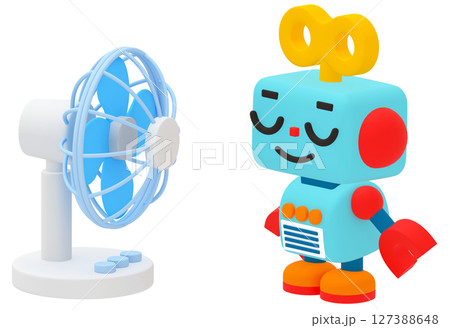 扇風機で涼しむ可愛いロボット 扇風機で涼しむ可愛いロボット 127388648