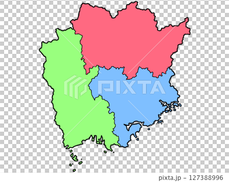A slightly loose map of Okayama Prefecture, with regional color coding, Chugoku region 127388996