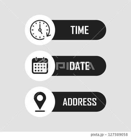 Date, time, location icon in flat style. Event message vector illustration on isolated background. Information sign business concept. 127389058