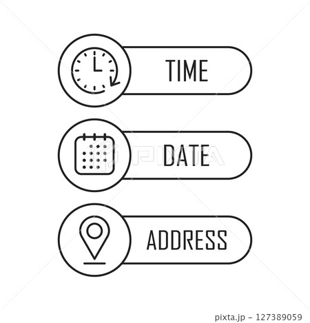 Date, time, location icon in flat style. Event message vector illustration on isolated background. Information sign business concept. Date, time, location icon in flat style. Event message vector illustration on isolated background. Information sign business concept. 127389059
