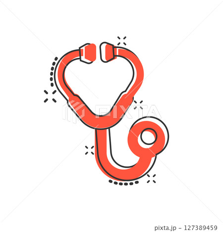 Stethoscope icon in comic style. Heart diagnostic cartoon vector illustration on isolated background. Medicine splash effect sign business concept. Stethoscope icon in comic style. Heart diagnostic cartoon vector illustration on isolated background. Medicine splash effect sign business concept. 127389459
