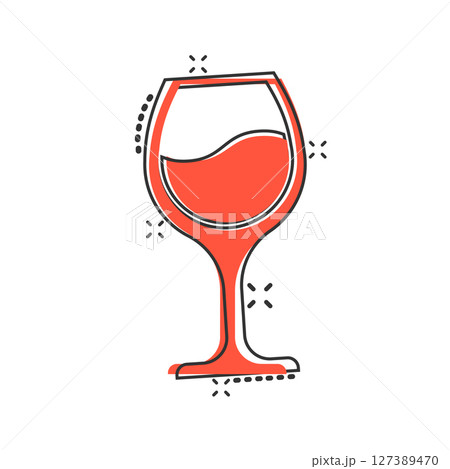 Wine glass icon in comic style. Champagne beverage cartoon vector illustration on isolated background. Cocktail drink splash effect sign business concept. 127389470