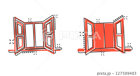 Window icon in comic style. Casement cartoon vector illustration on isolated background. House interior splash effect sign business concept. 127389483