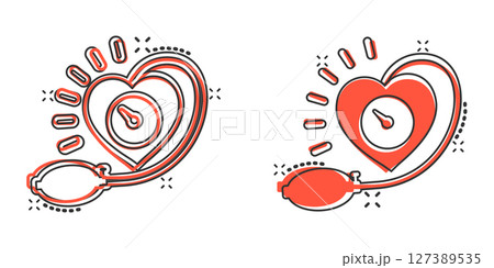 Arterial blood pressure icon in comic style. Heartbeat monitor cartoon vector illustration on isolated background. Pulse diagnosis splash effect sign business concept. 127389535