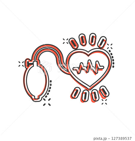 Arterial blood pressure icon in comic style. Heartbeat monitor cartoon vector illustration on isolated background. Pulse diagnosis splash effect sign business concept. Arterial blood pressure icon in comic style. Heartbeat monitor cartoon vector illustration on isolated background. Pulse diagnosis splash effect sign business concept. 127389537