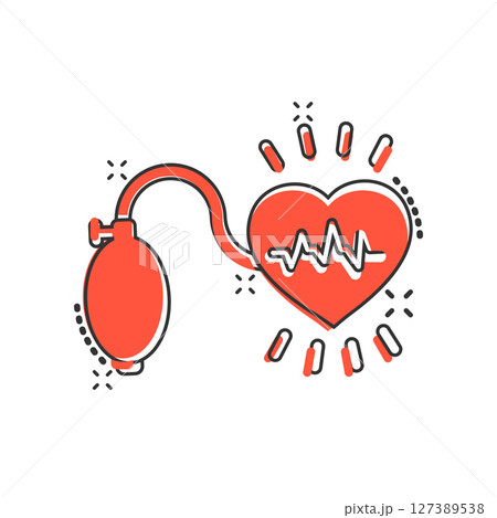 Arterial blood pressure icon in comic style. Heartbeat monitor cartoon vector illustration on isolated background. Pulse diagnosis splash effect sign business concept. Arterial blood pressure icon in comic style. Heartbeat monitor cartoon vector illustration on isolated background. Pulse diagnosis splash effect sign business concept. 127389538