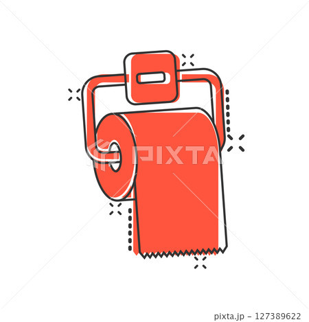 Toilet paper icon in comic style. Clean cartoon vector illustration on isolated background. WC restroom splash effect sign business concept. Toilet paper icon in comic style. Clean cartoon vector illustration on isolated background. WC restroom splash effect sign business concept. 127389622