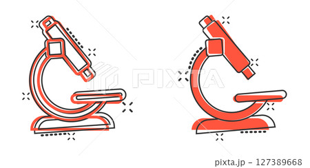 Microscope icon in comic style. Laboratory magnifier cartoon vector illustration on isolated background. Biology instrument splash effect sign business concept. Microscope icon in comic style. Laboratory magnifier cartoon vector illustration on isolated background. Biology instrument splash effect sign business concept. 127389668