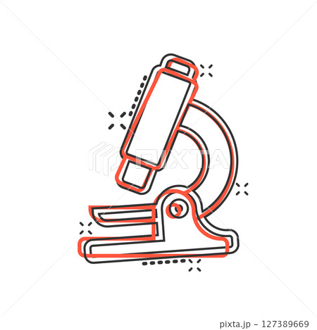 Microscope icon in comic style. Laboratory magnifier cartoon vector illustration on isolated background. Biology instrument splash effect sign business concept. Microscope icon in comic style. Laboratory magnifier cartoon vector illustration on isolated background. Biology instrument splash effect sign business concept. 127389669
